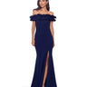 XSCAPE, Women's, Long Crepe Over-the-Shoulder Ruffle Gown, Navy, 12 Xscape