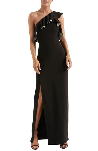 Halston Heritage Women's A-Line Flounce Crepe Gown, Black/Chalk, 12