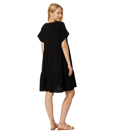 Mod-O-Doc Double Layer Gauze Short Sleeve V-Neck Tiered Woman's Dress Black XS