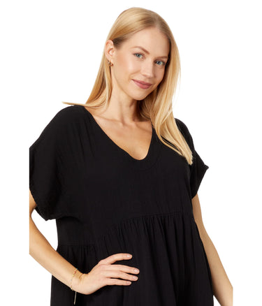 Mod-O-Doc Double Layer Gauze Short Sleeve V-Neck Tiered Woman's Dress Black XS