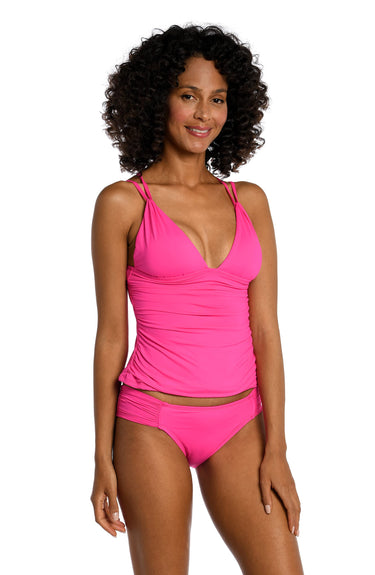 La Blanca Women's Over The Shoulder Tankini Swimsuit Top, Pop Pink Size 12 La Blanca