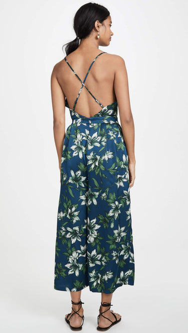 JOA Women's Sleeveless Cowl Neck Wide Leg Casual Jumpsuit, Navy Tropical, L J.O.A.