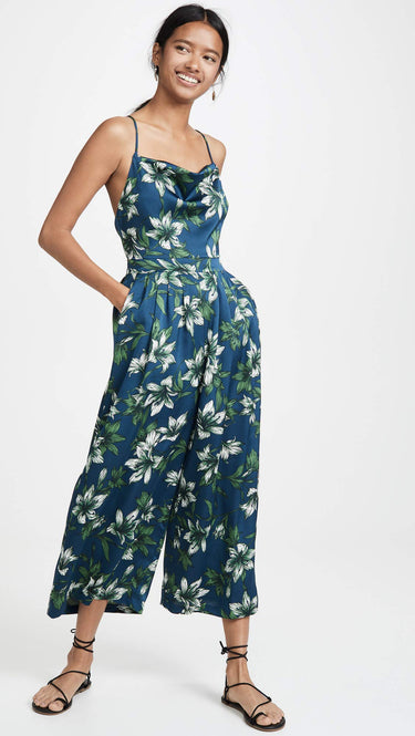 JOA Women's Sleeveless Cowl Neck Wide Leg Casual Jumpsuit, Navy Tropical, L J.O.A.