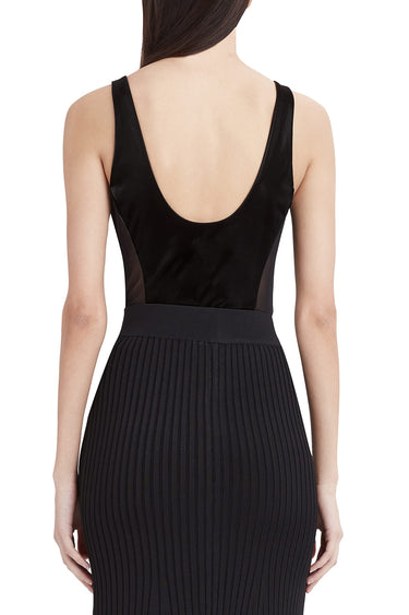 BCBGMAXAZRIA Women's Faux Leather Bodysuit With Mesh Panels, Black, X-Small BCBGMAXAZRIA