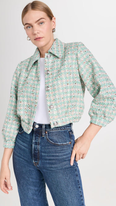 L'AGENCE Women's Bridges Crop Jacket, Neutral/Sage Multi Tweed, Size 6