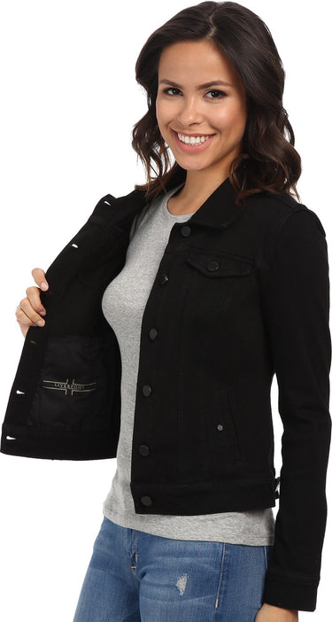 Liverpool Women's Classic Button Front Jacket in Powerflex Knit Denim, Black, L Liverpool