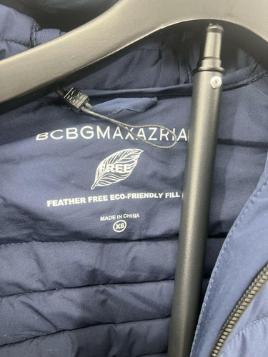BCBGMAXAZRIA Puffer Jacket Womens Navy Blue Hooded Eco Fill size XS BCBGMAXAZRIA