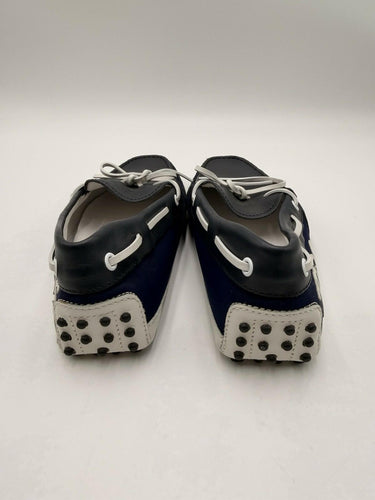 Tod's Gommini navy / white driving moccasins prominent logo patch Size 6UK