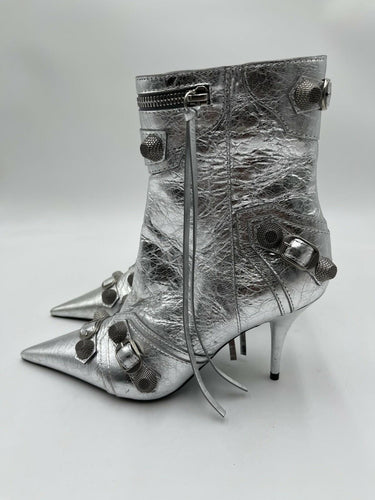 Balenciaga Le Cagole studded crinkled-leather ankle boots in silver Size 37.5