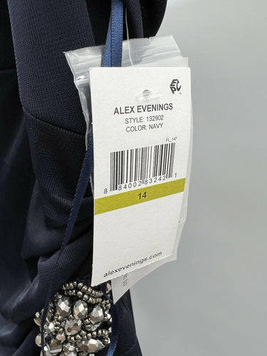 Alex Evenings Navy Blue Cowl Draped Evening Gown Beaded Formal Long Dress 14 Alex Evenings