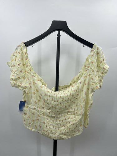 Abound Off Shoulder Crop Top Floral Gingham Lime Yellow Smocked NWT - XL