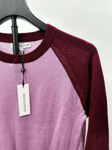 Heartloom Charlie Woman’s baseball sweater Twist Front Maroon Sleeves Size S Twist