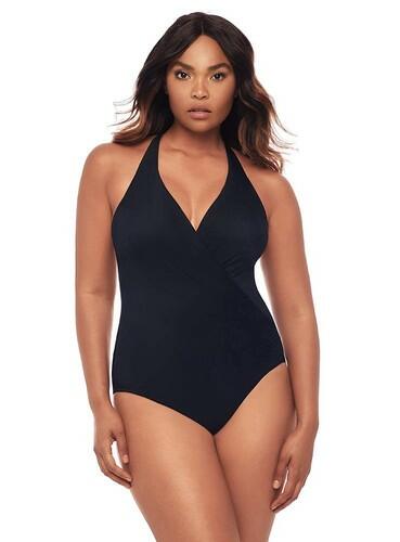 Miraclesuit Women's Rock Solid Wrapsody Halter Tummy Control Swimsuit, Black,10 Miraclesuit