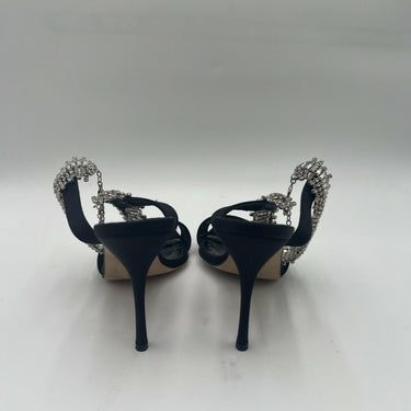 Manolo Blahnik Black Satin Open Toe Rhinestone Ankle Strap High Heels Women 37.5 Manolo Blahnik