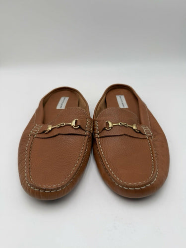 Women’s Saks Fifth Avenue brown leather pebbled Gold Horsebit mules Size 9B