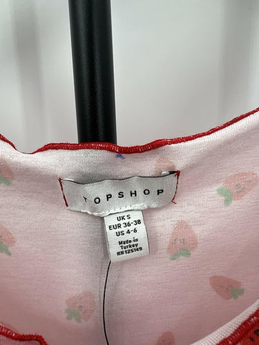 Topshop Pink Strawberry Print Tank Top Lettuce Hem Crop - US 4-6