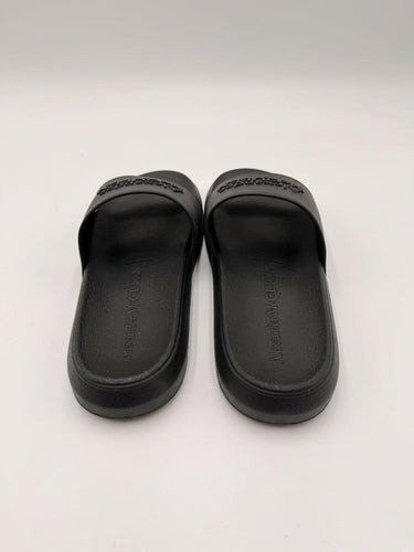 Alexander McQueen Women's black rubber logo embossed slides Size 37 Alexander Mcqueen