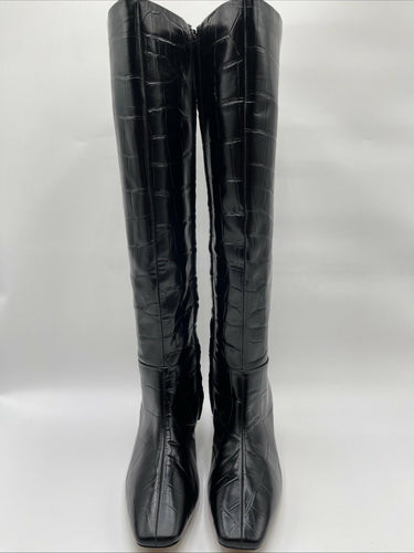 3.1 PHILLIP LIM “Tess” Black Croc-Embossed Square Toe Zip Up Leather Boots, 35.5