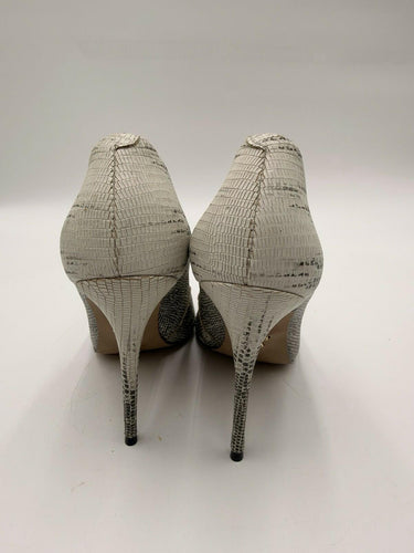 Carrano White Gray Snakeskin Pumps Gold Metal Toe Cap Pointed Stiletto Used 7.5
