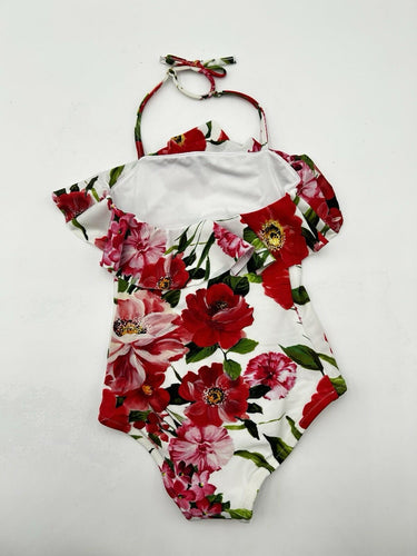 Milly Minis girls' floral swimsuit ruffled neckline and a vibrant red Size 4 MILLY