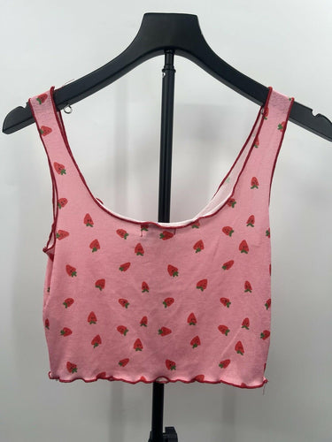 Topshop Pink Strawberry Print Tank Top Lettuce Hem Crop - US 4-6