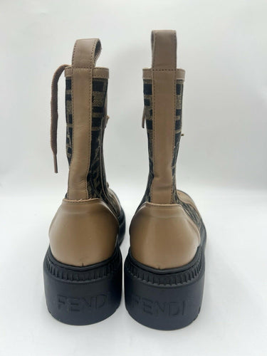 Fendi Wmns FF Motif Domino Biker Boot Brown Leather FF jacquard fabric Size 37.5