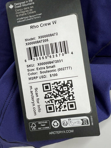 Arc'teryx Rho Crew W Long Sleeve Base Layer Soulsonic XS