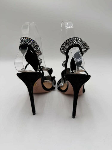 Aquazzura Black Suede Crystal Embellished Open Toe Ruffle Slingback Sandals 37