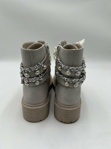 Sugar Kade Ivory Snake Emboss Pearl Chain Combat Boots Womens 7 Sugar