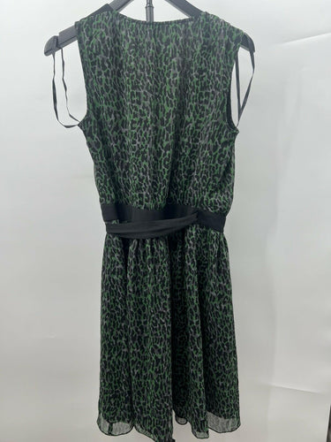 DKNY Dress Womens Chiffon Animal Print Green Black Wrap V Neck Tie Waist XS DKNY