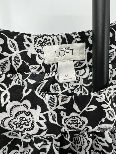 LOFT Blouse Womens  Black White Floral Ruffle Sleeve Top Boho Peasant Work M Loft
