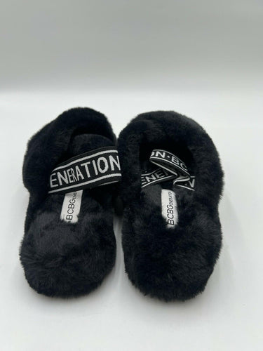 BCBG Generation Black Faux Fur Cross Slides Size 7