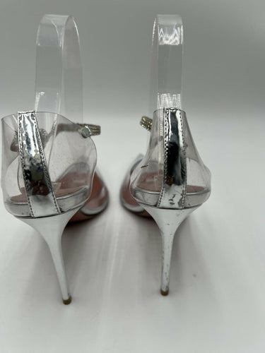 Amina Muaddi Ursina clear PVC crystal ankle strap pumps in silver Size 38