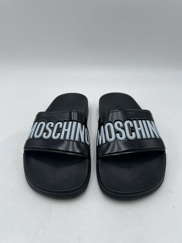 Women’s Moschino black PVC logo pool slides Size 35