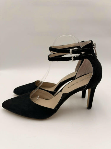 Adrienne Vittadini Womens Black Suede Pointed Toe Ankle Strap Heels Size 9