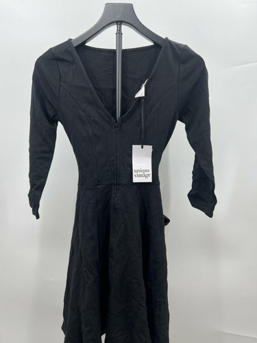 Unique Vintage Dress Womens Black Fit & Flare 3/4 Sleeve Wrap Tie Waist NWT S Unique Vintage