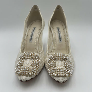 Manolo Blahnik Hangisi White Lace Jewel Buckle Pumps White Size 37 Manolo Blahnik