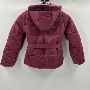 NWT Tahari Girl Full Zip Faux Fur Belted Jacket w/Hood Burgundy Size 10 Tahari