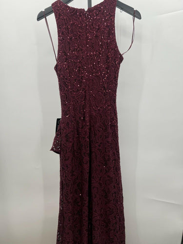 Alex Evenings Lace Sequin Evening Gown Maxi Ruched Ruffle Wine Burgundy SIZE 6 Alex Evenings