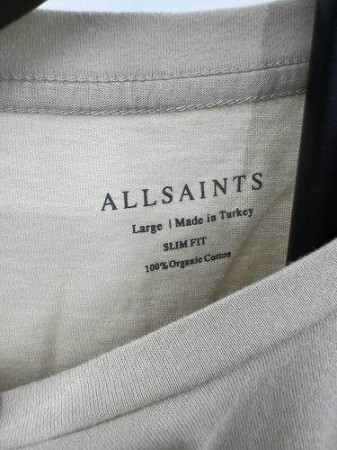 AllSaints Mens Beige T-Shirt Slim Fit Crew Neck Organic Cotton Ram Logo L