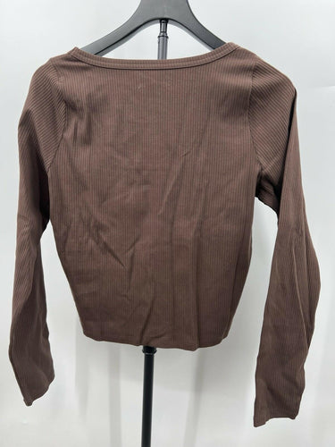 NWT Madewell Brown Ribbed Knit Square Neck Long Sleeve Crop Top Shirt Size L Browns