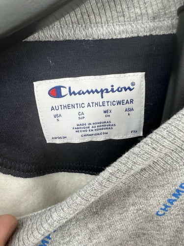 Champion Crewneck Sweatshirt Gray Blue All Over Print Script Logo C Fleece S