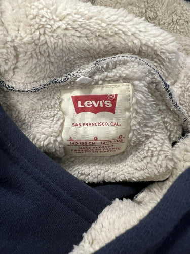 NWOT Levis Sherpa Hood Lined Pullover Hoodie Navy Box Logo Kangaroo Boys Size L Levi's