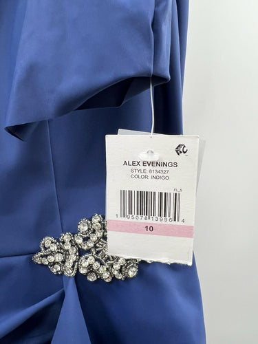 Alex Evenings Indigo Blue Cowl Draped Ruffle Formal Dress Beaded Cocktail 10 Alex Evenings