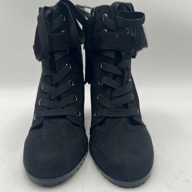 Renvy Black Fabric Lace Up/Zip Round Toe Block Heel Ankle Boots Womens Size 8/38