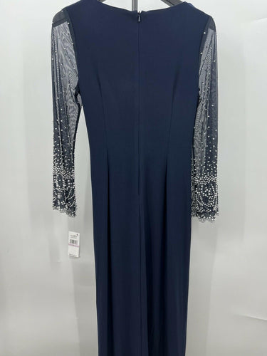 Alex Evenings Dress Dark Navy Pearl Beaded Sleeve Twist Front Gown 6 Alex Evenings