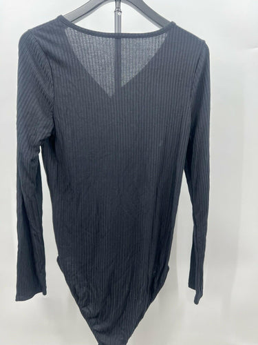 Felina The Sexy Boss Black Ribbed Long Sleeve Bodysuit V Neck Snap Size XL Felina