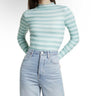 Cali Be teal and green striped ribbed mock neck long-sleeve top Woman’s Size L Cali