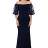 Xscape Women's Evening Gown Off-the-Shoulder Floral Puff Sleeves, Navy, 8P, Xscape