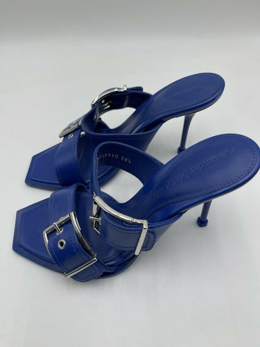 Alexander McQueen 100mm Buckled Leather Sandals electric blue leather Size 38.5 Alexander McQueen